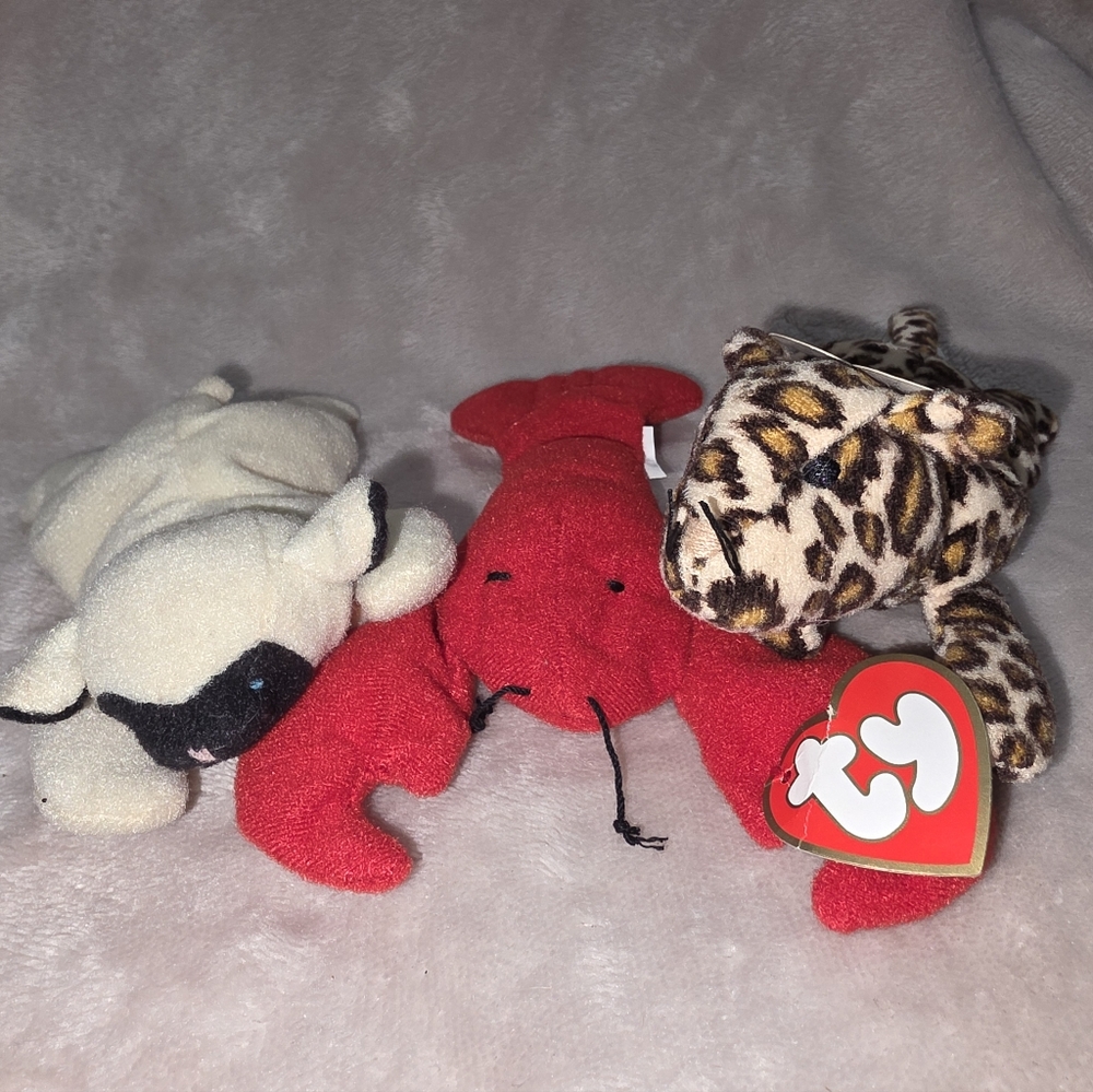 TY Beanie Babies Trio - Red Lobster, Cream Lamb , Leopard